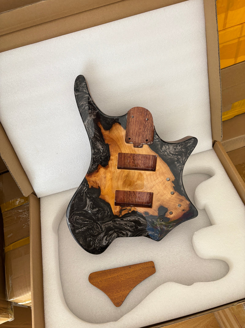 One-of-a-Kind Burl Wood Veneer Epoxy Resin 4 String Headless Electric Bass Guitar Body (H4B-012)