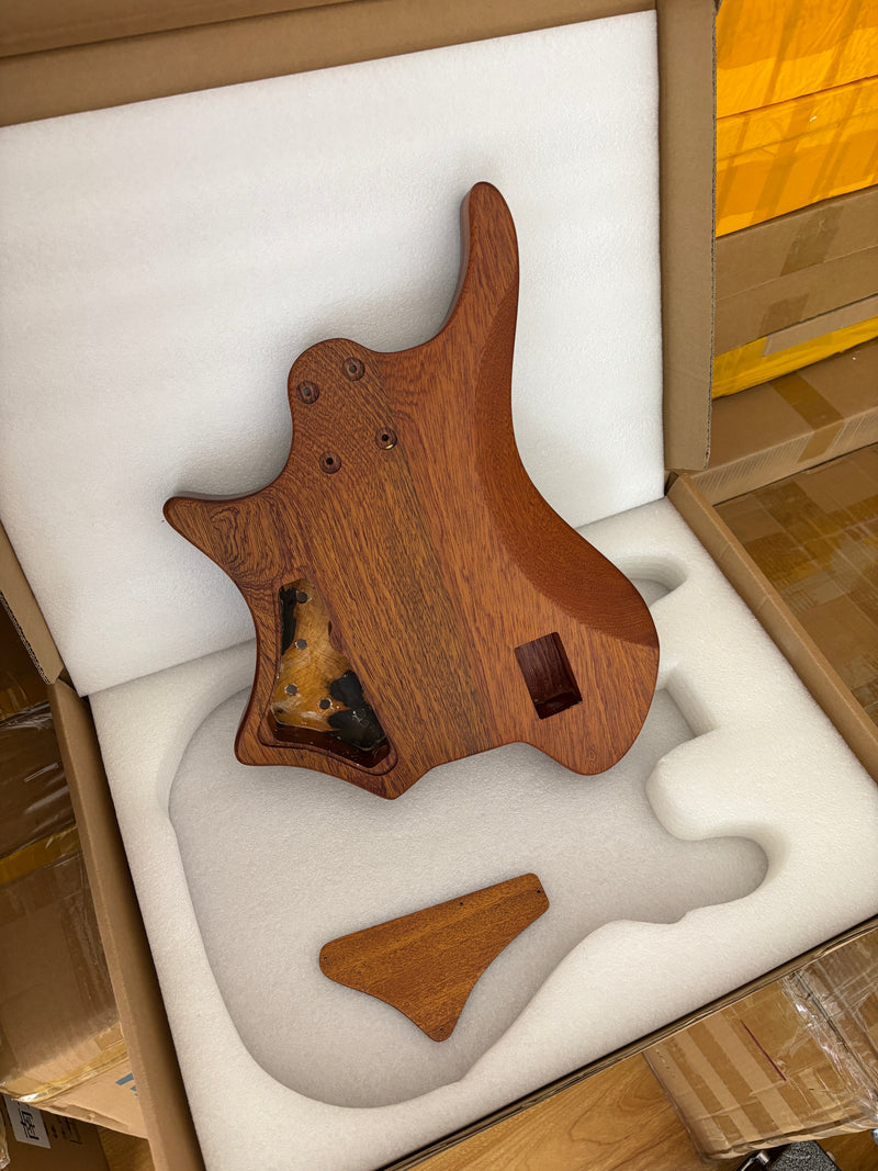 One-of-a-Kind Burl Wood Veneer Epoxy Resin 4 String Headless Electric Bass Guitar Body (H4B-012)
