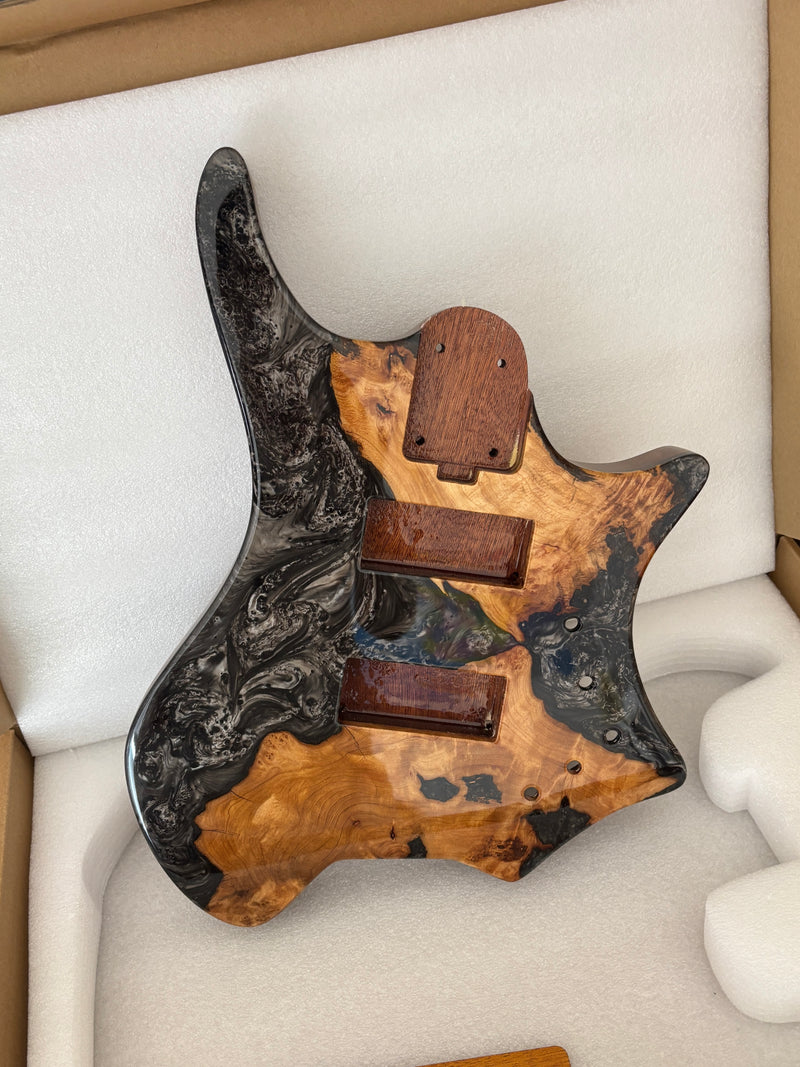 One-of-a-Kind Burl Wood Veneer Epoxy Resin 4 String Headless Electric Bass Guitar Body (H4B-013)