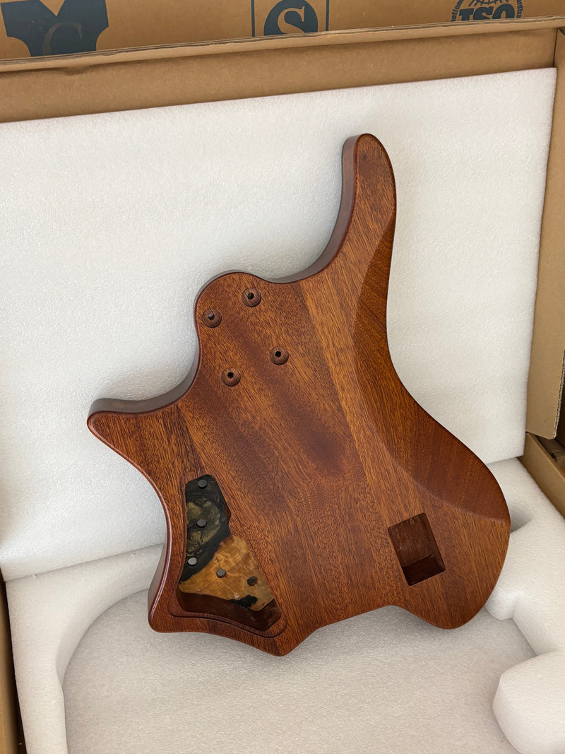 One-of-a-Kind Burl Wood Veneer Epoxy Resin 4 String Headless Electric Bass Guitar Body (H4B-013)