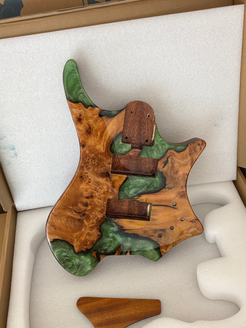 One-of-a-Kind Burl Wood Veneer Epoxy Resin 4 String Headless Electric Bass Guitar Body (H4B-014)