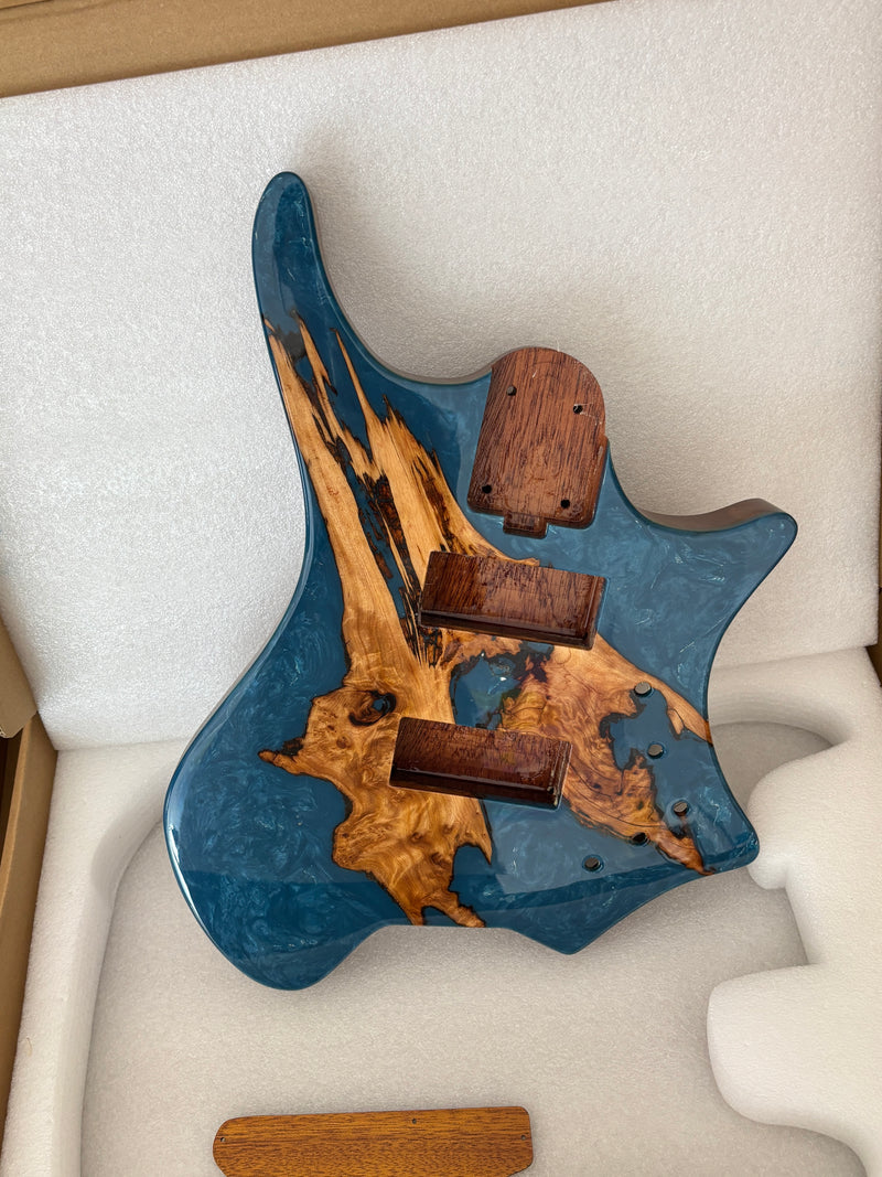 One-of-a-Kind Burl Wood Veneer Epoxy Resin 4 String Headless Electric Bass Guitar Body (H4B-015)