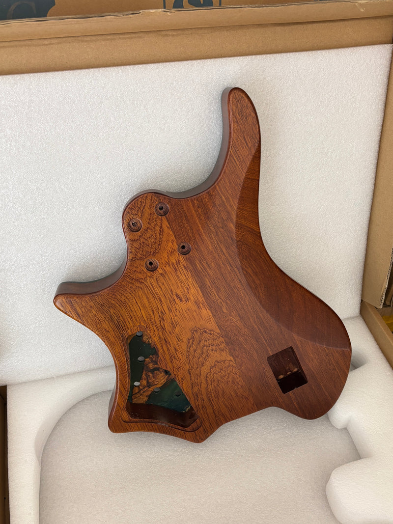 One-of-a-Kind Burl Wood Veneer Epoxy Resin 4 String Headless Electric Bass Guitar Body (H4B-015)