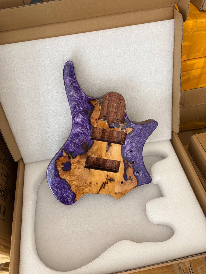 One-of-a-Kind Burl Wood Veneer Epoxy Resin 5 String Headless Electric Bass Guitar Body (H5B-001)