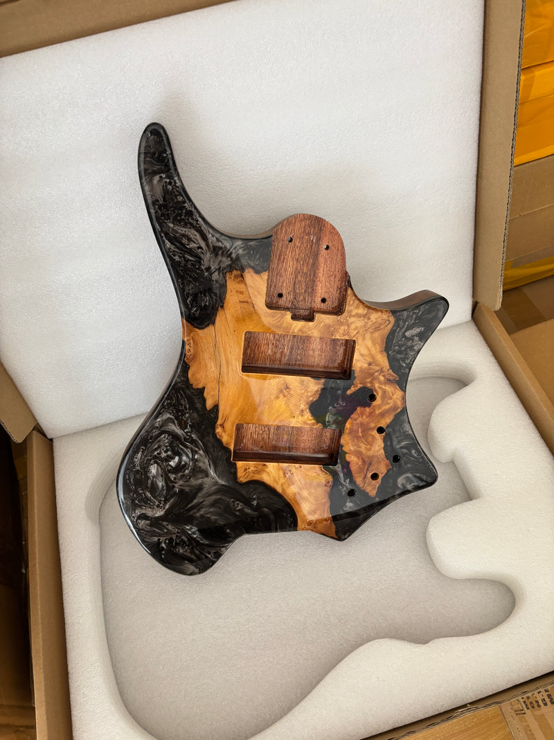 One-of-a-Kind Burl Wood Veneer Epoxy Resin 5 String Headless Electric Bass Guitar Body (H5B-002)