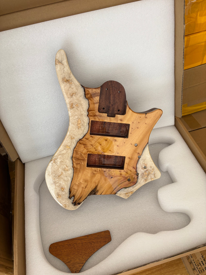 One-of-a-Kind Burl Wood Veneer Epoxy Resin 5 String Headless Electric Bass Guitar Body (H5B-003)