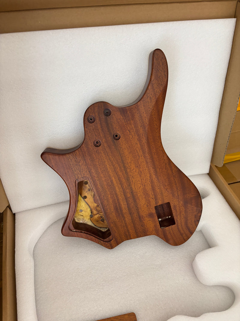 One-of-a-Kind Burl Wood Veneer Epoxy Resin 5 String Headless Electric Bass Guitar Body (H5B-003)