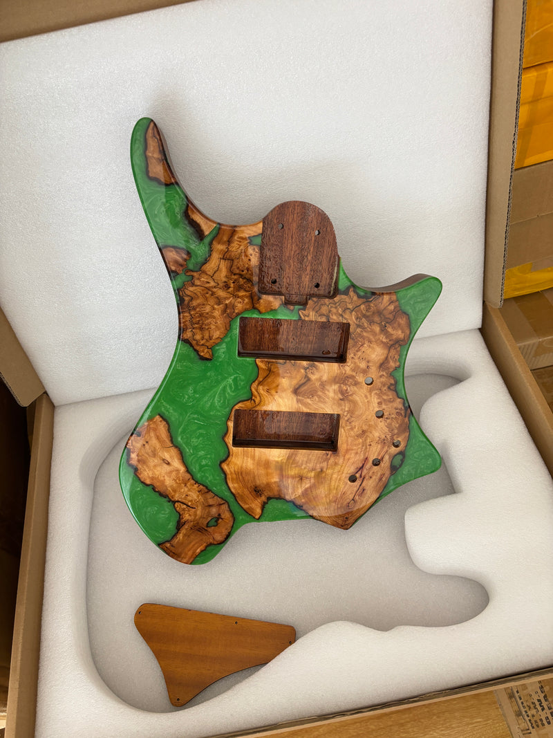 One-of-a-Kind Burl Wood Veneer Epoxy Resin 5 String Headless Electric Bass Guitar Body (H5B-004)