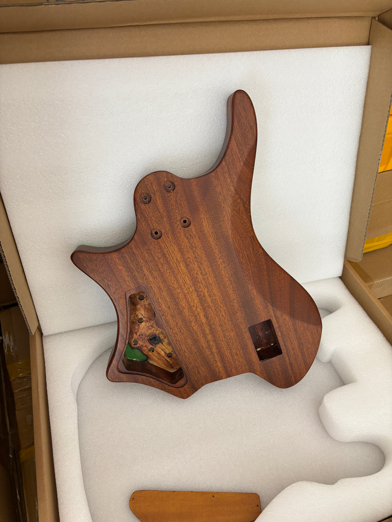One-of-a-Kind Burl Wood Veneer Epoxy Resin 5 String Headless Electric Bass Guitar Body (H5B-004)