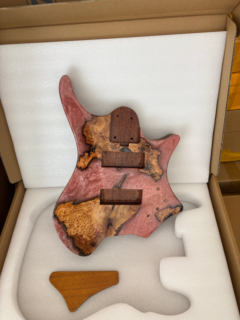 One-of-a-Kind Burl Wood Veneer Epoxy Resin 5 String Headless Electric Bass Guitar Body (H5B-005)
