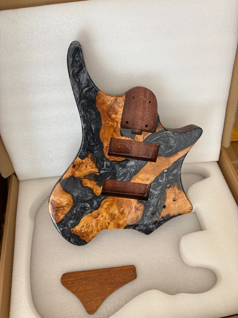 One-of-a-Kind Burl Wood Veneer Epoxy Resin 5 String Headless Electric Bass Guitar Body (H5B-006)