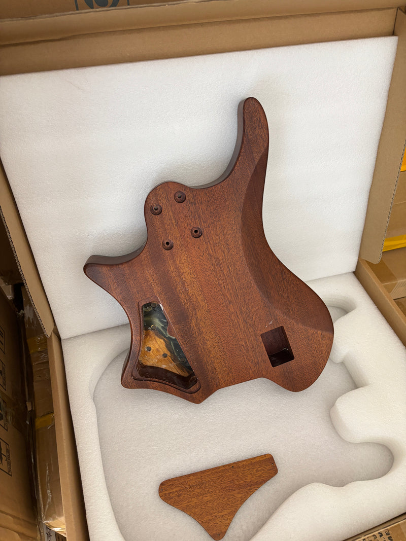 One-of-a-Kind Burl Wood Veneer Epoxy Resin 5 String Headless Electric Bass Guitar Body (H5B-006)