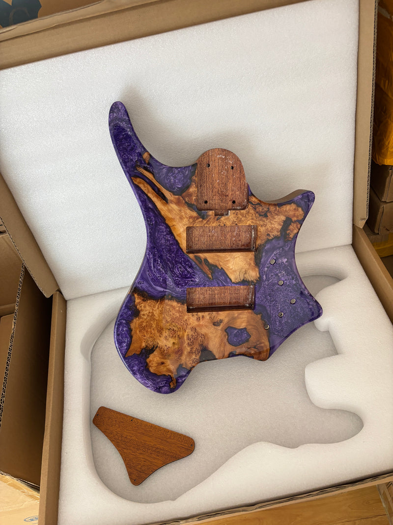 One-of-a-Kind Burl Wood Veneer Epoxy Resin 5 String Headless Electric Bass Guitar Body (H5B-007)