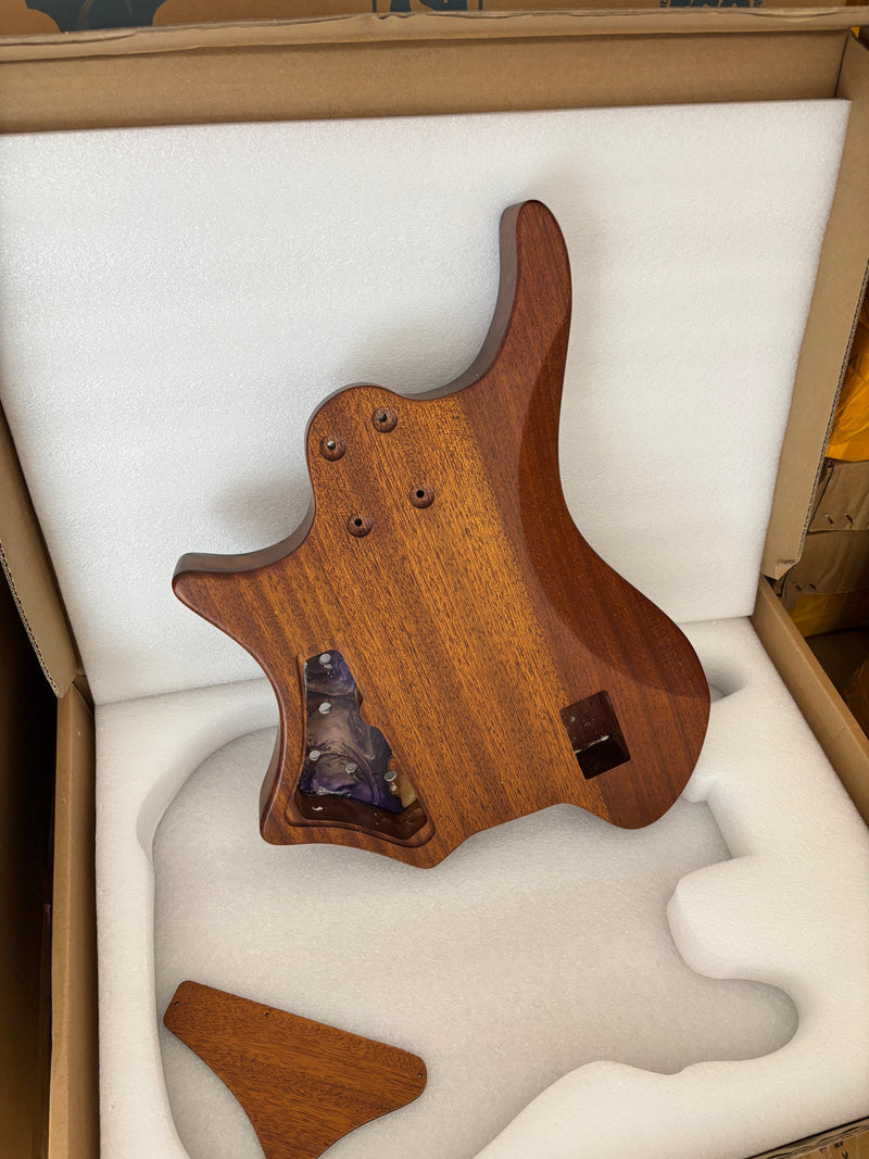One-of-a-Kind Burl Wood Veneer Epoxy Resin 5 String Headless Electric Bass Guitar Body (H5B-007)