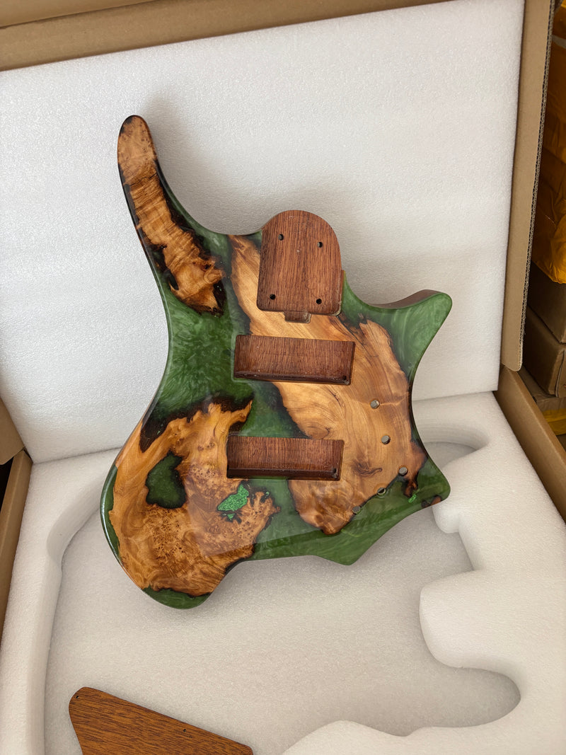 One-of-a-Kind Burl Wood Veneer Epoxy Resin 5 String Headless Electric Bass Guitar Body (H5B-008)