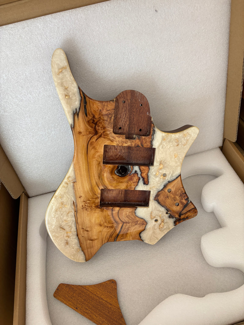 One-of-a-Kind Burl Wood Veneer Epoxy Resin 5 String Headless Electric Bass Guitar Body (H5B-009)