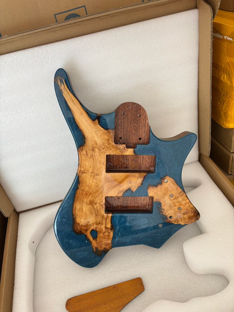 One-of-a-Kind Burl Wood Veneer Epoxy Resin 5 String Headless Electric Bass Guitar Body (H5B-010)