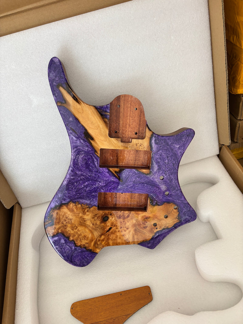One-of-a-Kind Burl Wood Veneer Epoxy Resin 5 String Headless Electric Bass Guitar Body (H5B-011)