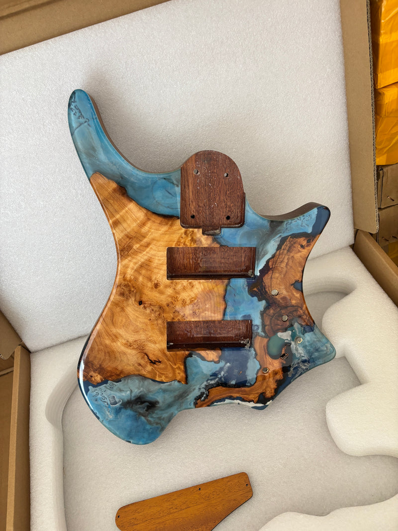 One-of-a-Kind Burl Wood Veneer Epoxy Resin 5 String Headless Electric Bass Guitar Body (H5B-012)