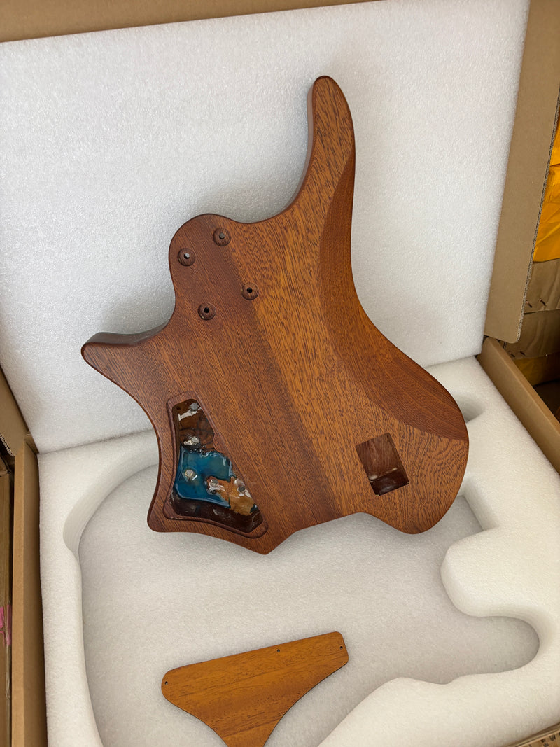 One-of-a-Kind Burl Wood Veneer Epoxy Resin 5 String Headless Electric Bass Guitar Body (H5B-012)
