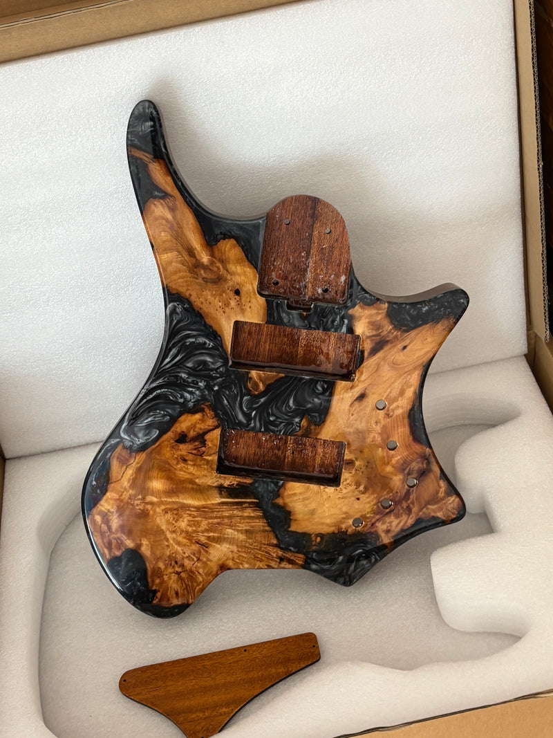 One-of-a-Kind Burl Wood Veneer Epoxy Resin 5 String Headless Electric Bass Guitar Body (H5B-013)