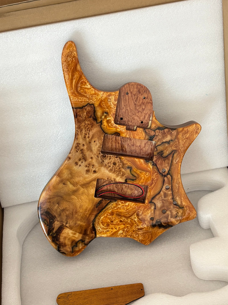 One-of-a-Kind Burl Wood Veneer Epoxy Resin 5 String Headless Electric Bass Guitar Body (H5B-014)