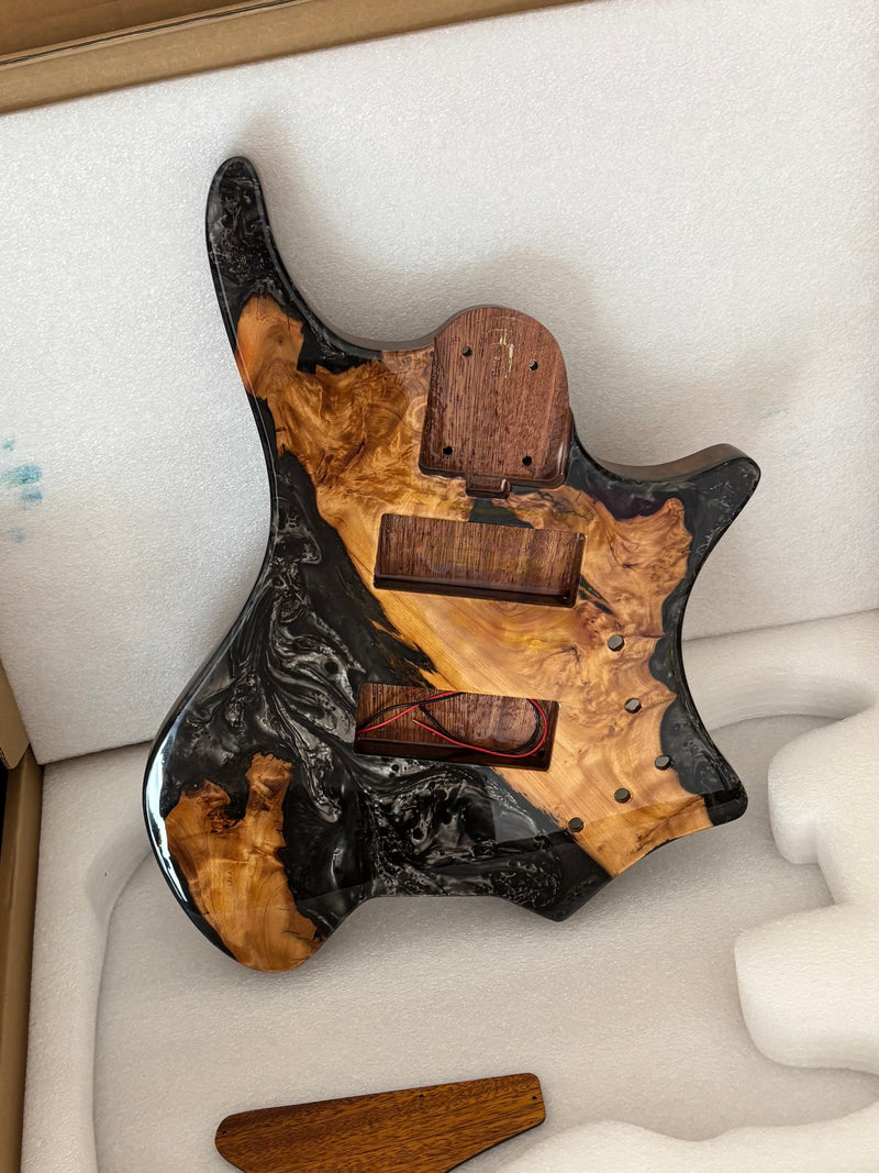 One-of-a-Kind Burl Wood Veneer Epoxy Resin 5 String Headless Electric Bass Guitar Body (H5B-015)