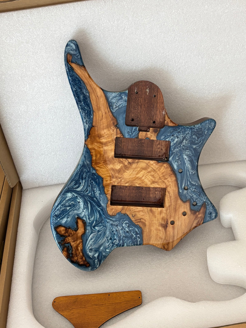 One-of-a-Kind Burl Wood Veneer Epoxy Resin 5 String Headless Electric Bass Guitar Body (H5B-016)