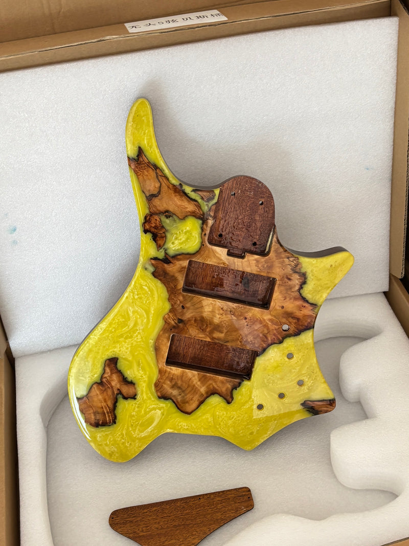 One-of-a-Kind Burl Wood Veneer Epoxy Resin 5 String Headless Electric Bass Guitar Body (H5B-017)