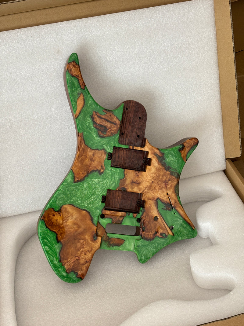 One-of-a-Kind Burl Wood Veneer Epoxy Resin Headless Electric Guitar Body (HBE-005)