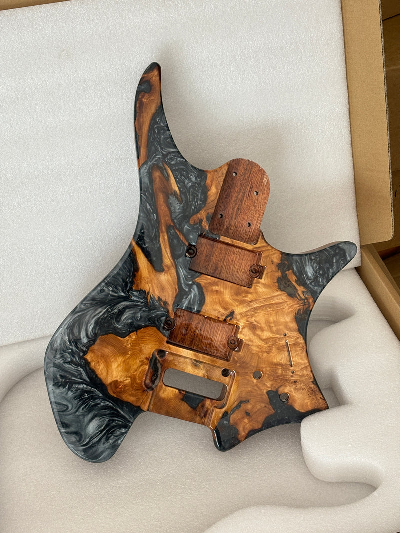One-of-a-Kind Burl Wood Veneer Epoxy Resin Headless Electric Guitar Body (HBE-006)
