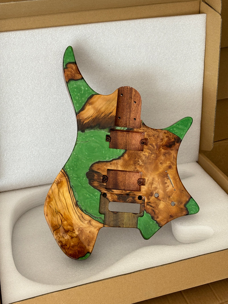One-of-a-Kind Burl Wood Veneer Epoxy Resin Headless Electric Guitar Body (HBE-014)