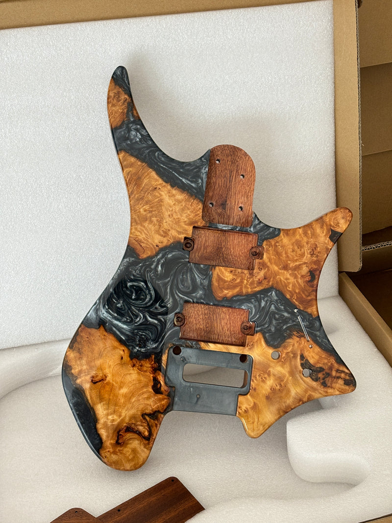 One-of-a-Kind Burl Wood Veneer Epoxy Resin Headless Electric Guitar Body (HBE-018)