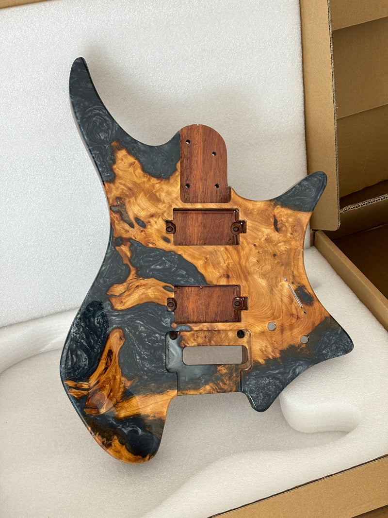 One-of-a-Kind Burl Wood Veneer Epoxy Resin Headless Electric Guitar Body (HBE-020)
