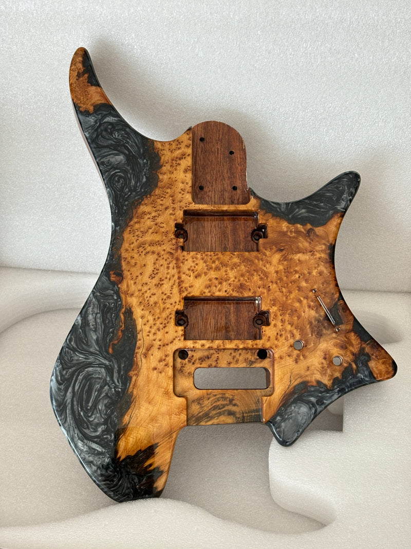 One-of-a-Kind Burl Wood Veneer Epoxy Resin Headless Electric Guitar Body (HBE-021)
