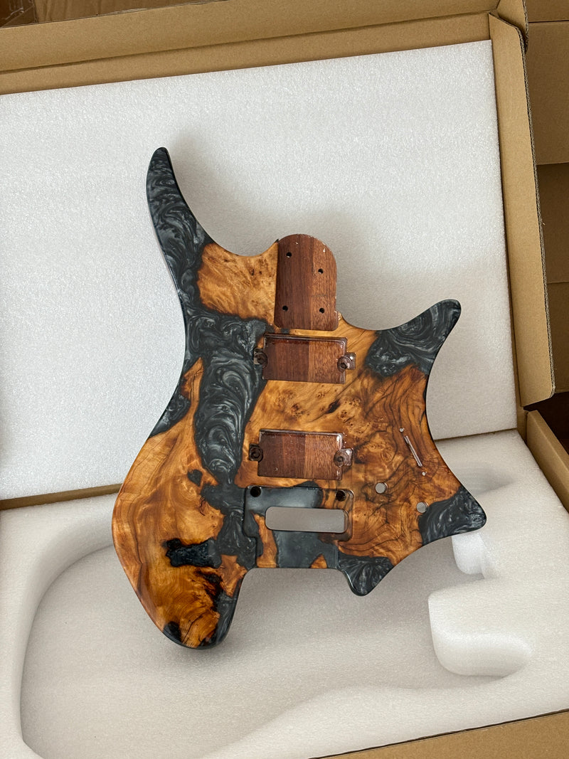 One-of-a-Kind Burl Wood Veneer Epoxy Resin Headless Electric Guitar Body (HBE-022)