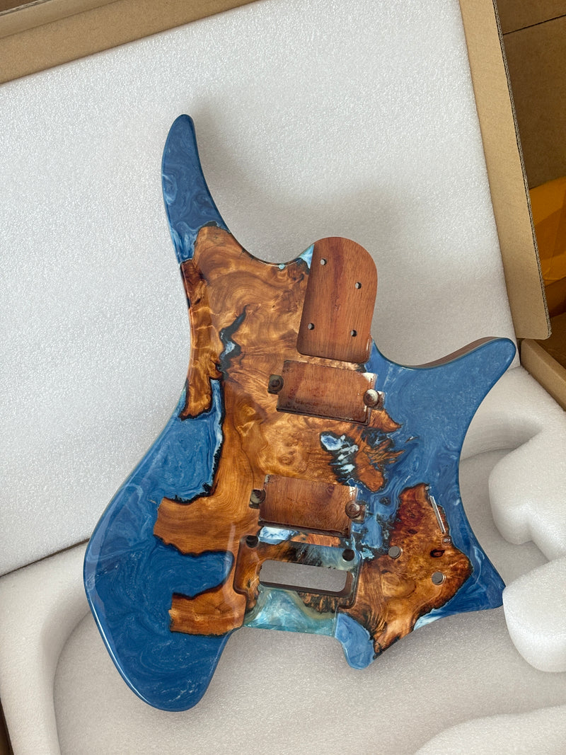 One-of-a-Kind Burl Wood Veneer Epoxy Resin Headless Electric Guitar Body (HBE-025)
