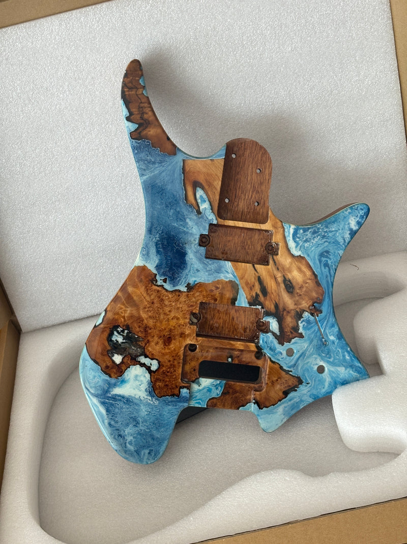 One-of-a-Kind Burl Wood Veneer Epoxy Resin Headless Electric Guitar Body (HBE-026)
