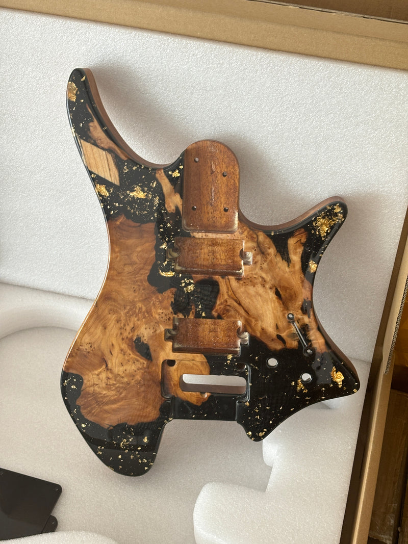 One-of-a-Kind Burl Wood Veneer Epoxy Resin Headless Electric Guitar Body (HBE-030)