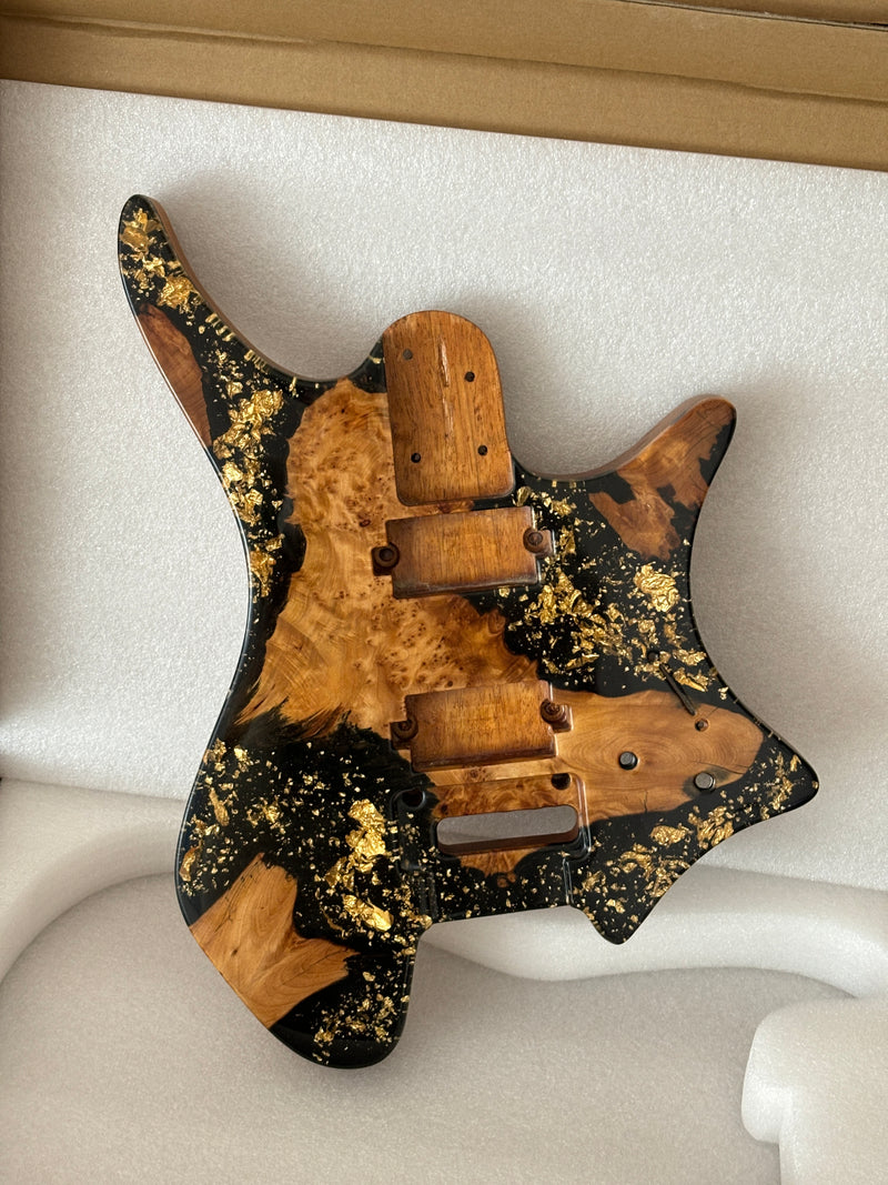 One-of-a-Kind Burl Wood Veneer Epoxy Resin Headless Electric Guitar Body (HBE-034)