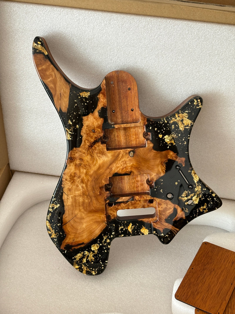 One-of-a-Kind Burl Wood Veneer Epoxy Resin Headless Electric Guitar Body (HBE-037)