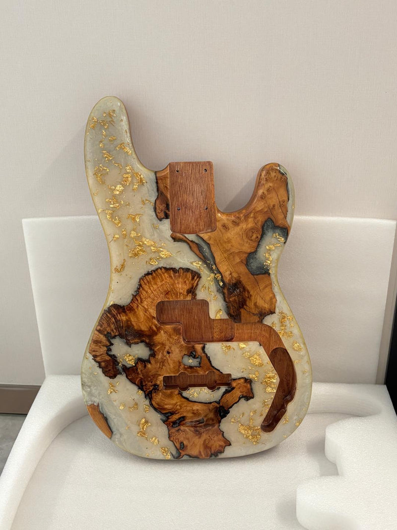 One-of-a-Kind Burl Wood Veneer Epoxy Resin PJ-Style Electric Bass Guitar Body (PJE-006)