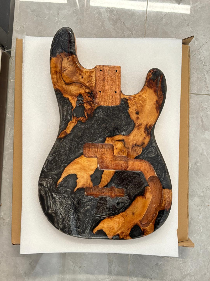 One-of-a-Kind Burl Wood Veneer Epoxy Resin PJ-Style Electric Bass Guitar Body (PJE-010)