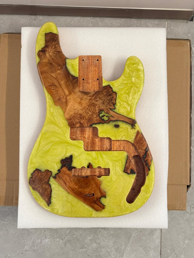 One-of-a-Kind Burl Wood Veneer Epoxy Resin PJ-Style Electric Bass Guitar Body (PJE-011)