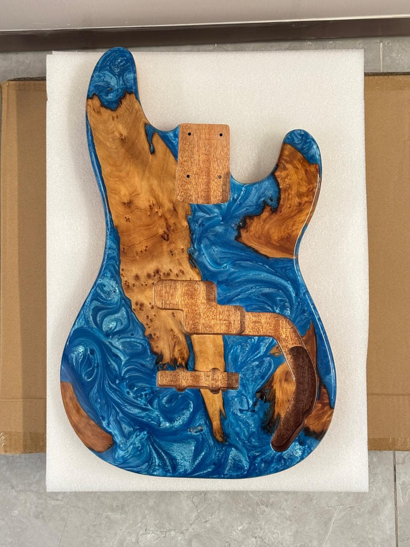 One-of-a-Kind Burl Wood Veneer Epoxy Resin PJ-Style Electric Bass Guitar Body (PJE-012)
