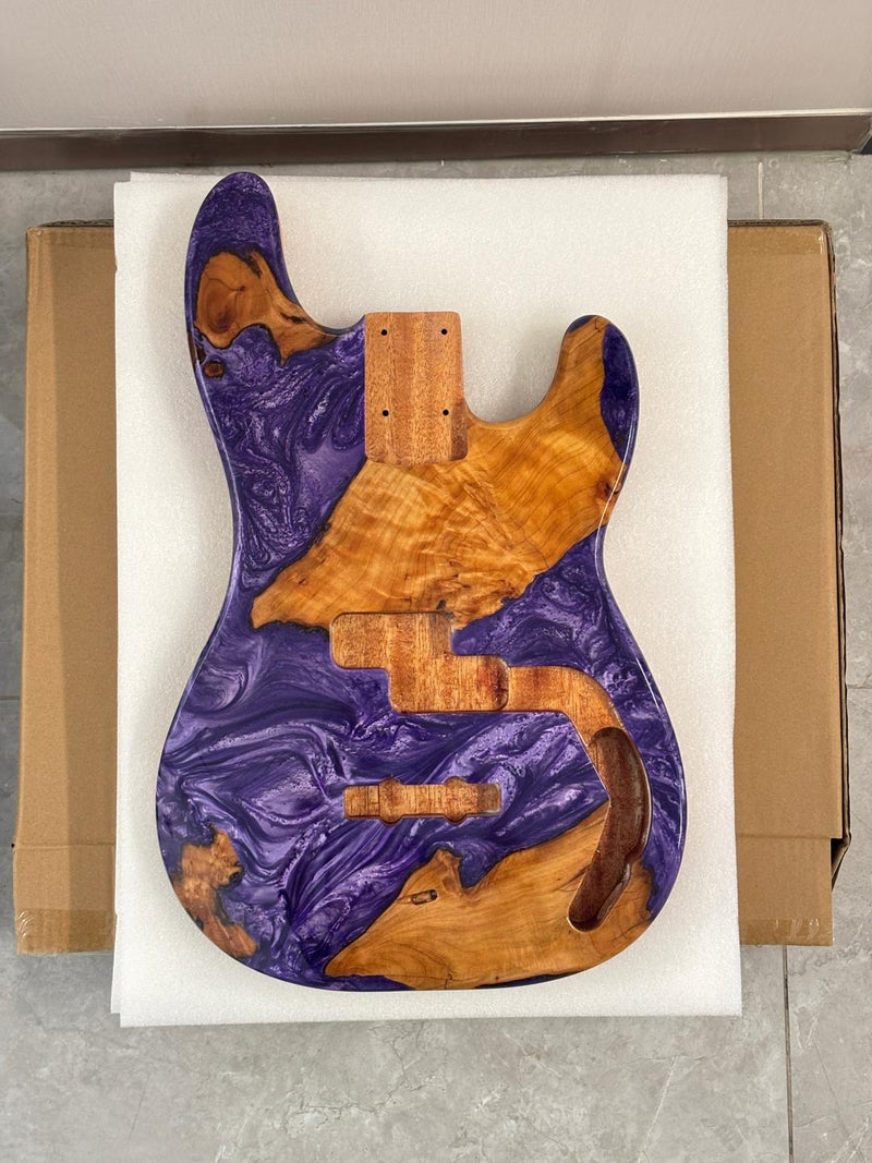 One-of-a-Kind Burl Wood Veneer Epoxy Resin PJ-Style Electric Bass Guitar Body (PJE-013)
