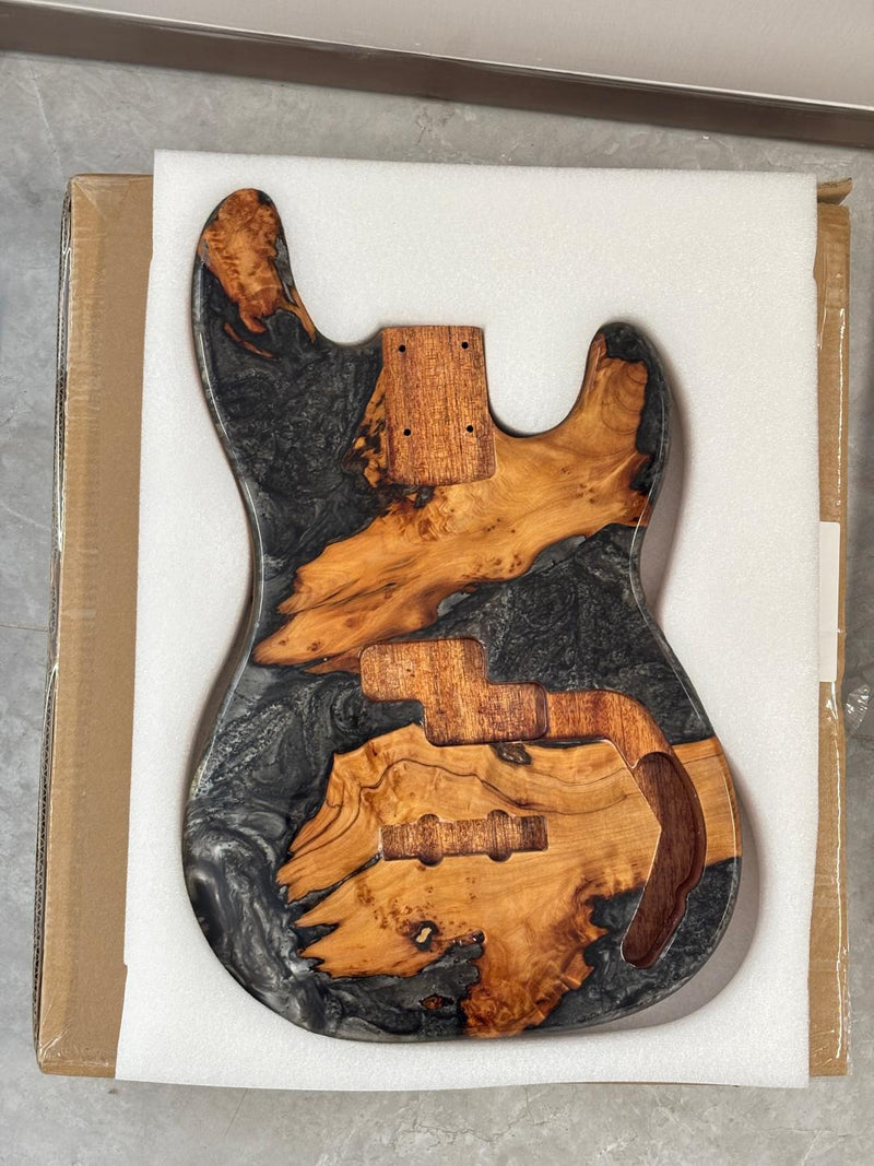 One-of-a-Kind Burl Wood Veneer Epoxy Resin PJ-Style Electric Bass Guitar Body (PJE-016)