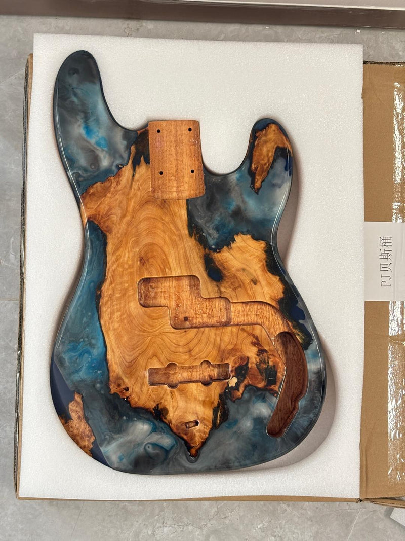 One-of-a-Kind Burl Wood Veneer Epoxy Resin PJ-Style Electric Bass Guitar Body (PJE-018)