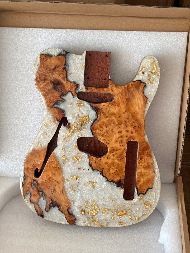 One-of-a-Kind Burl Wood Veneer Epoxy Resin Tele Thinline Style Electric Guitar Body with F-Hole (TRB-001)