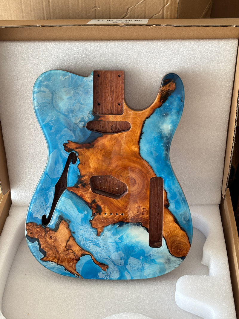 One-of-a-Kind Burl Wood Veneer Epoxy Resin Tele Thinline Style Electric Guitar Body with F-Hole (TRB-002)
